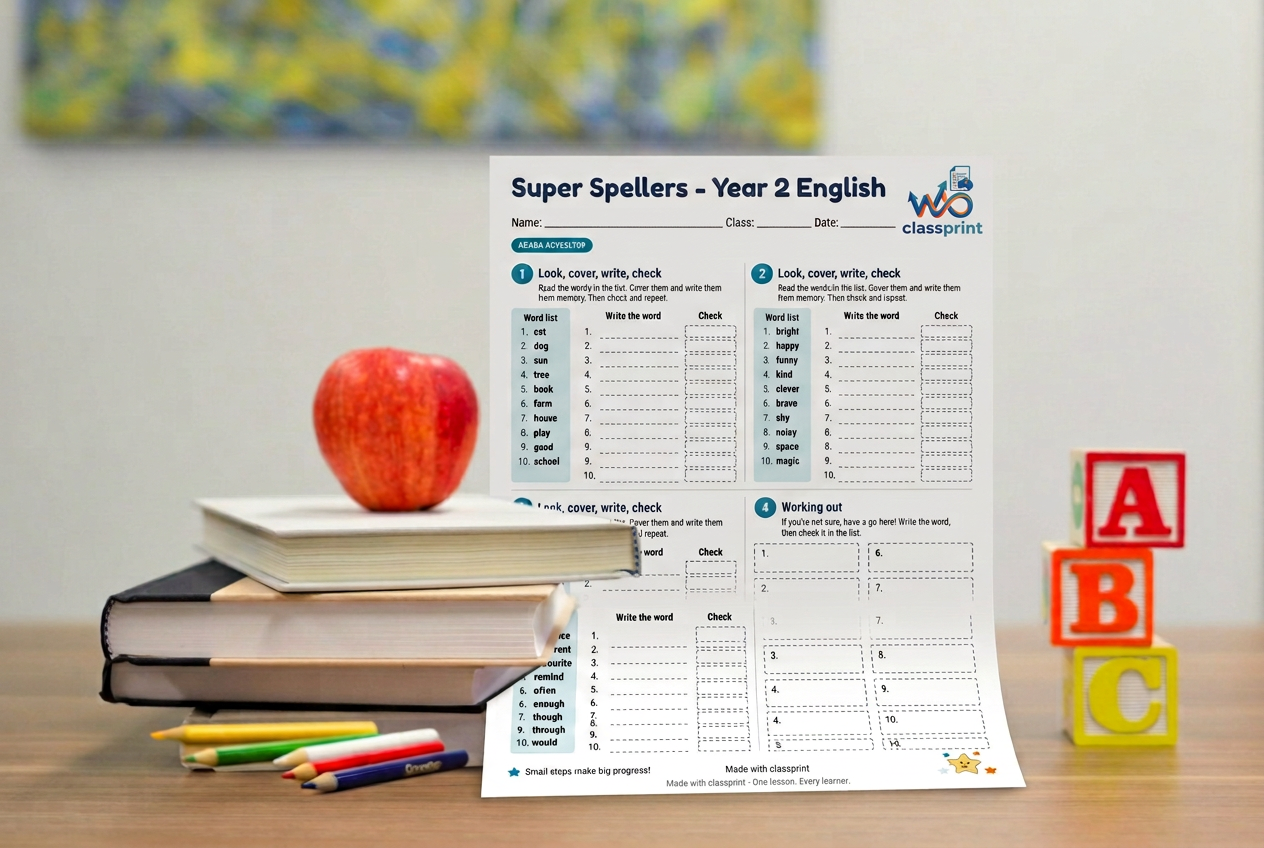 A real classroom desk with books, pencils and a printed Classprint spelling worksheet